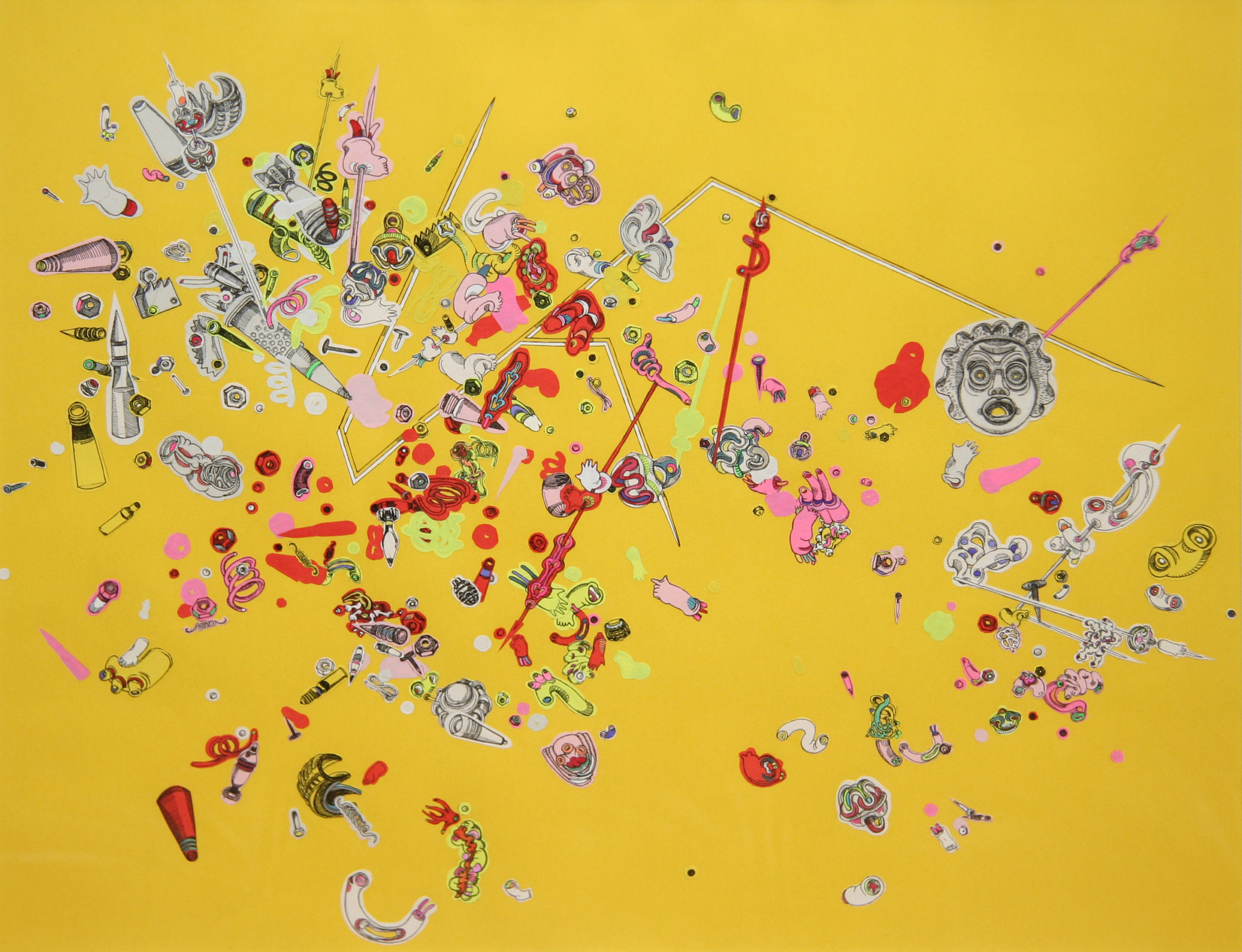 3_Clara Fierfort, Eclats 4, 2017, encre de Chine, gouaches, impressions lasers, monochromes noirs sur papiers colorés, colle de montage, 36 x 29,7 cm