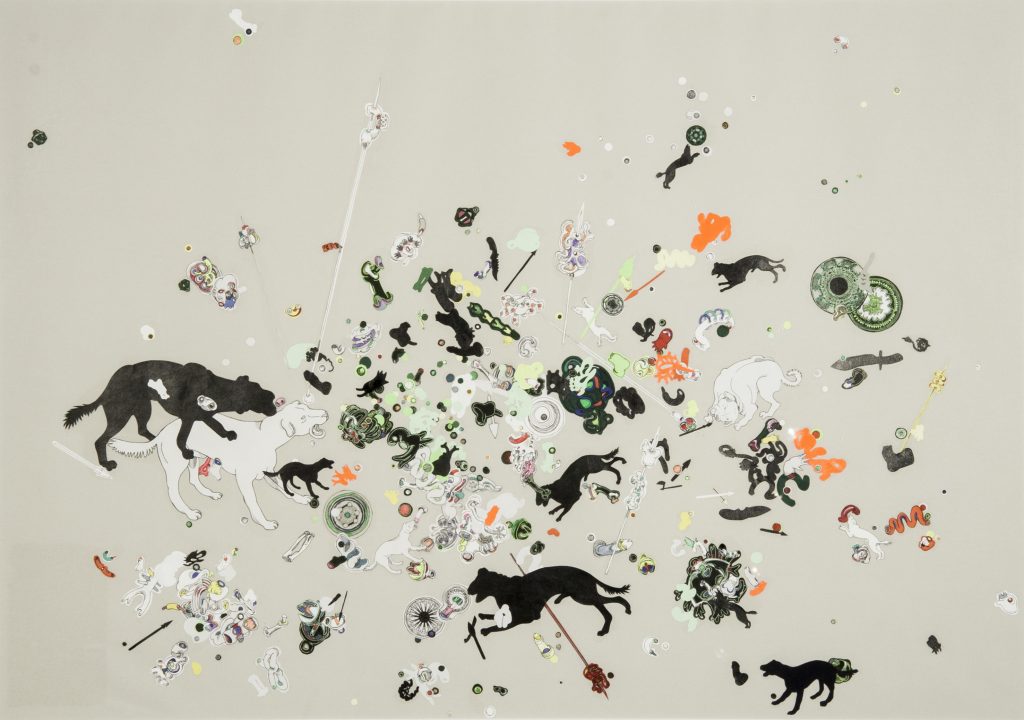 5_Sans-titre-1-série-Chasses-Fantastiques-2017-encre-de-Chine-gouaches-papiers-colorés-impressions-monochromes-noires-sur-papiers-colorés-et-colle-de-montage-45-x-64-cm