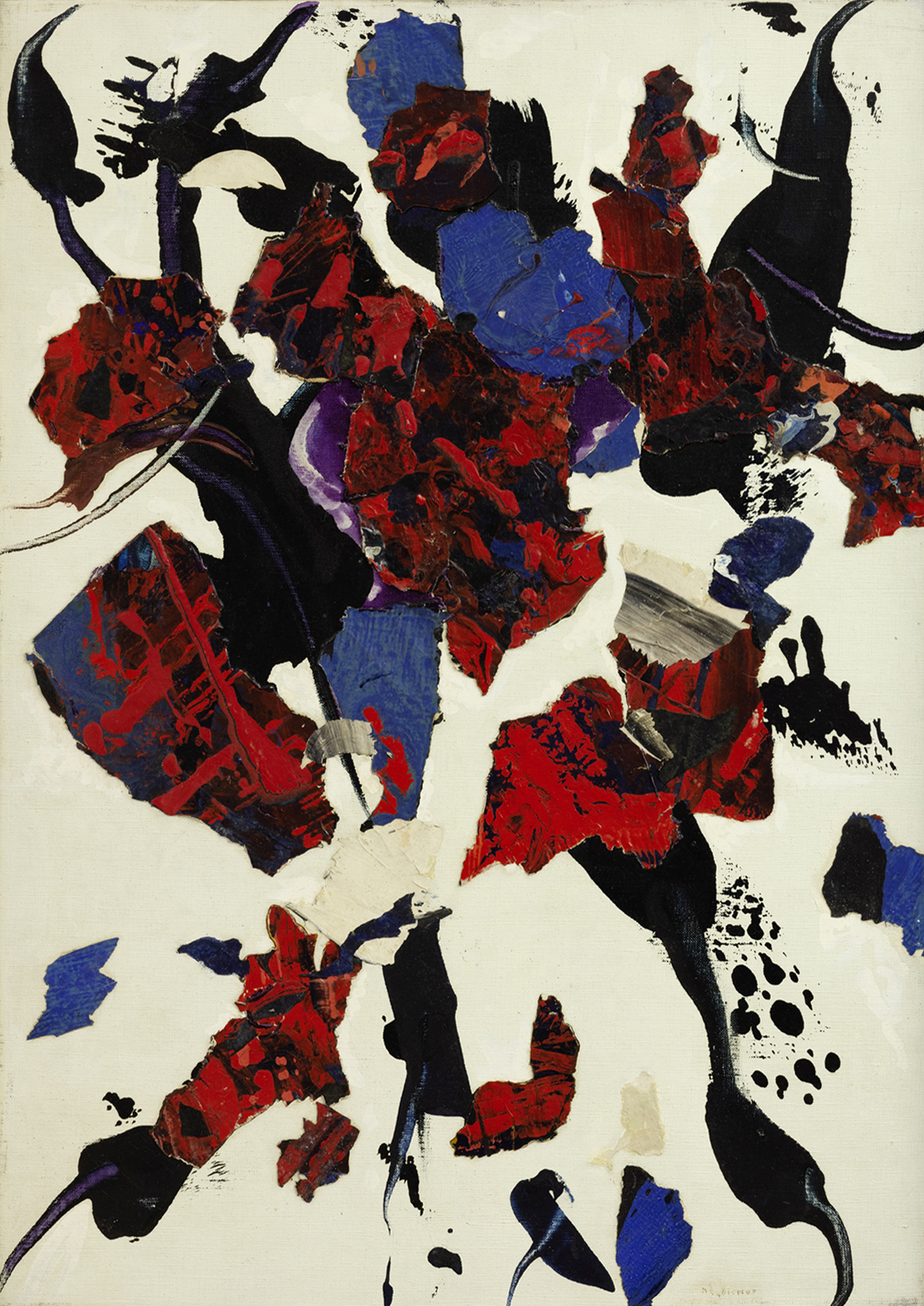 1957, Sans titre, huile sur toile avec prélèvements de toiles et cartons déjà peints et collés, 55 x 40 cm